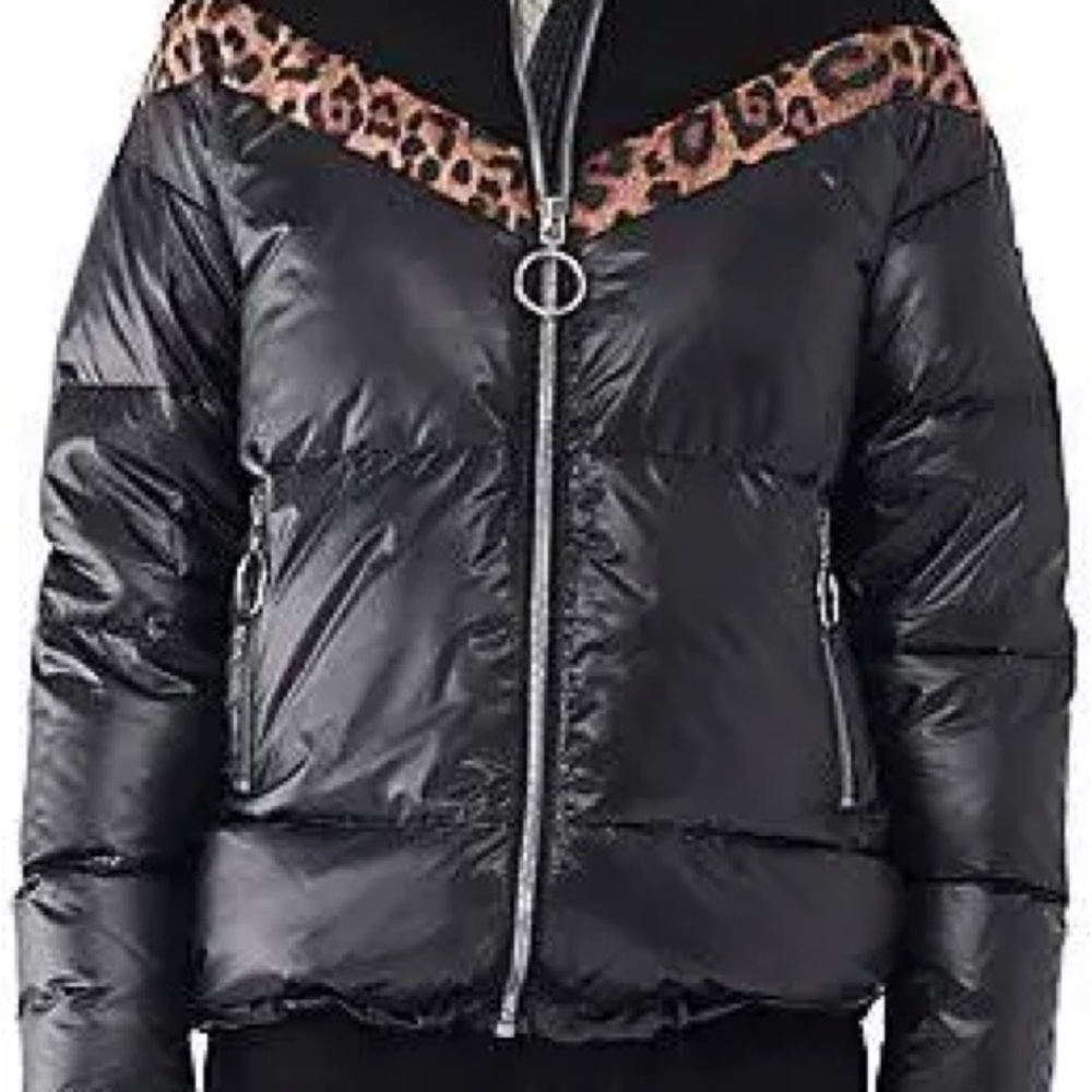 NVLT Black Puffer Jacket with Leopard Detail